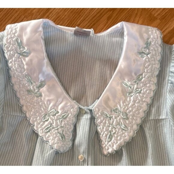 Bellina Pajama Set Womens Med Striped Embroidered Collar Mint Green Flannel Feel - Picture 3 of 13